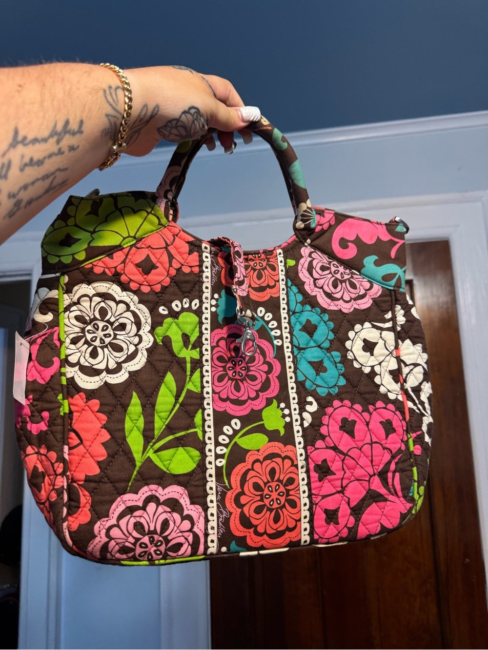 Vera Bradley Lola Brown Floral Quilted Tote with crossbody strap EUC